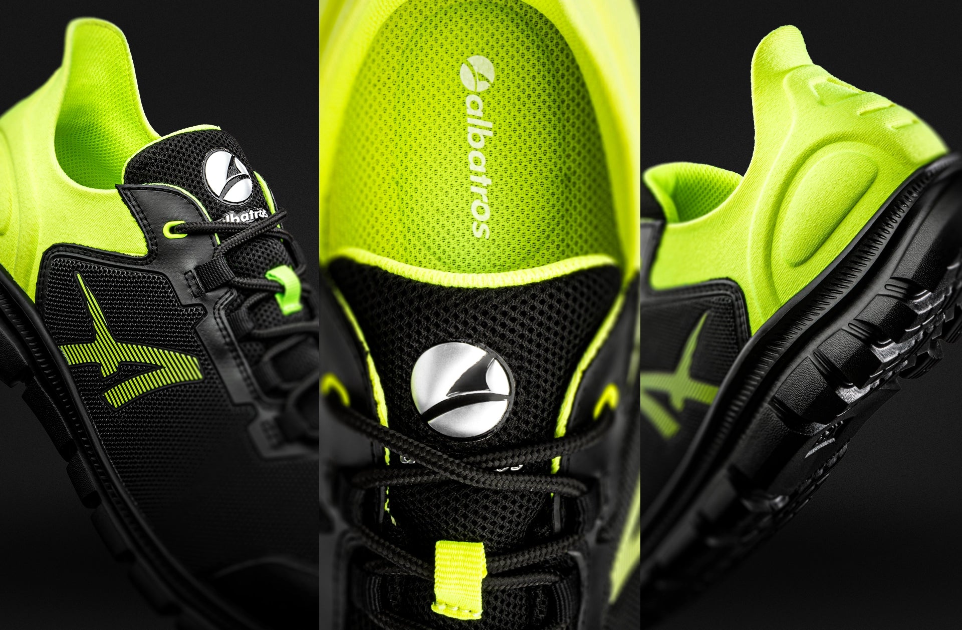 Nahaufnahmen eines Albatros OCTANE YELLOW LOW S1PS SR Sicherheitsschuhs in Schwarz und Neon-Gelb, die Details wie Mesh-Material, Logo und Sohlenstruktur zeigen.