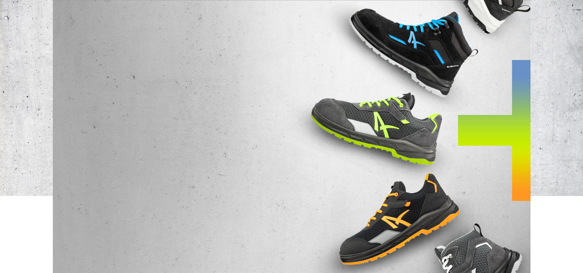 Drei Sicherheitsschuhe der Linie ESSENTIALS + von ALBATROS® in verschiedenen Farbvarianten (blau, neongrün, orange) vor grauem Hintergrund.
