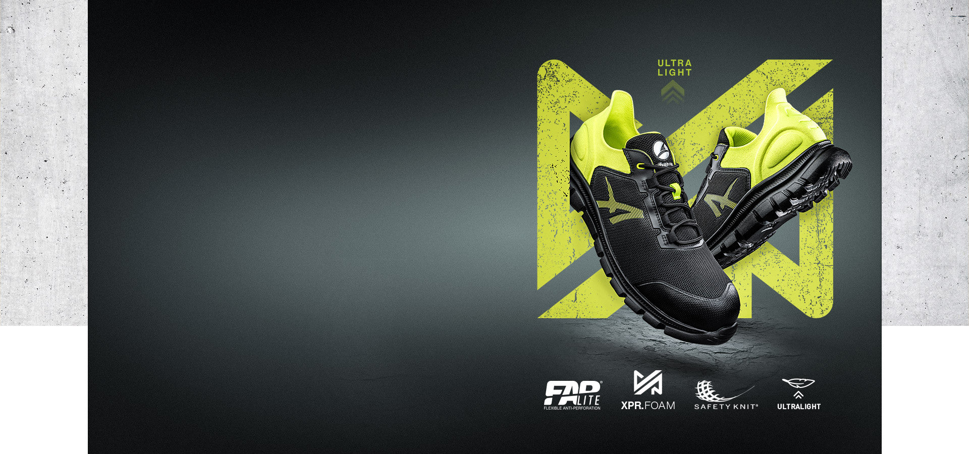 Sicherheitsschuh OCTANE YELLOW LOW S1PS von ALBATROS® in Schwarz mit gelben Details, präsentiert vor dunklem Hintergrund.