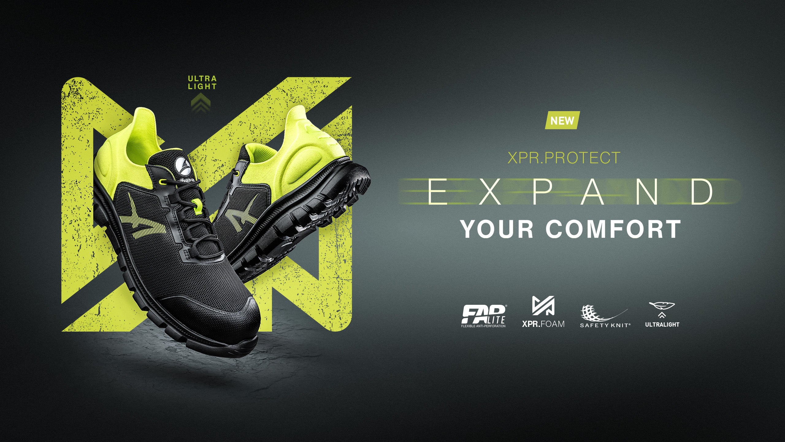 Ein Paar Neon gelbe Albatros OCTANE YELLOW LOW Sicherheitsschuhe wird vor einem dunklen Hintergrund mit grafischen Elementen präsentiert.